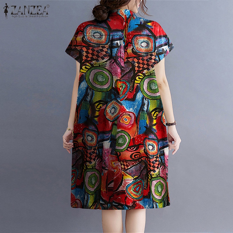 Đầm Zanzea tay ngắn dáng rộng in họa tiết vintage thời trang mùa hè cho nữ