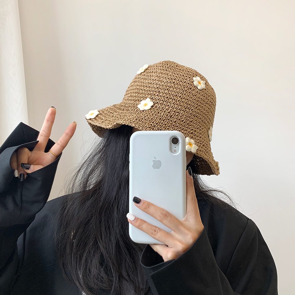 Nón cói rộng vành đính hoa nhỏ dễ thương thời trang đi biển mùa hè phong cách Nhật Bản dành cho nữ