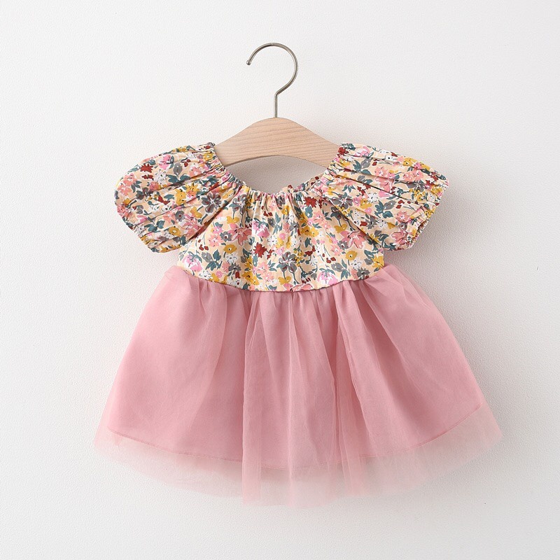 (7-14kg) Váy trẻ em Themoon Shop, váy hoa nhí nơ lưng phối voan màu hồng cute cho bé yêu, đầm trẻ con 6 tháng đến 3 tuổi