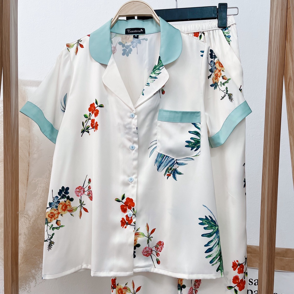 Bộ mặc nhà Pyjama chất lụa Tea Store áo cộc quần dài họa tiết hoa