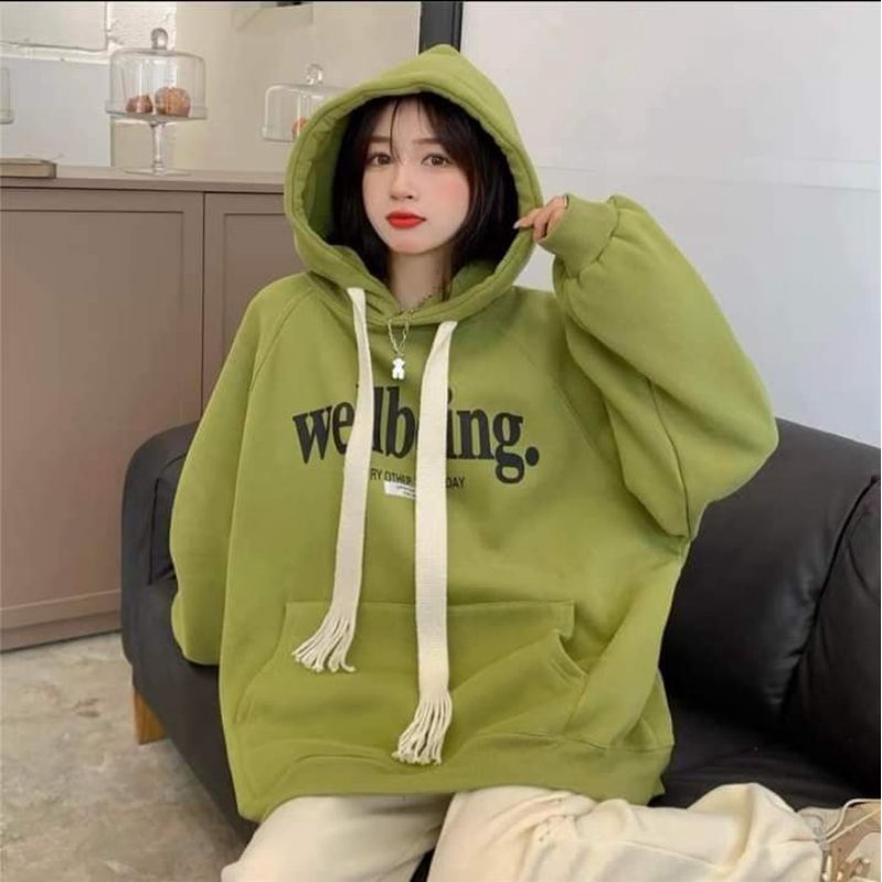 Áo Hoodie Nữ Form Rộng Có Dây Kéo chữ  wellbeng