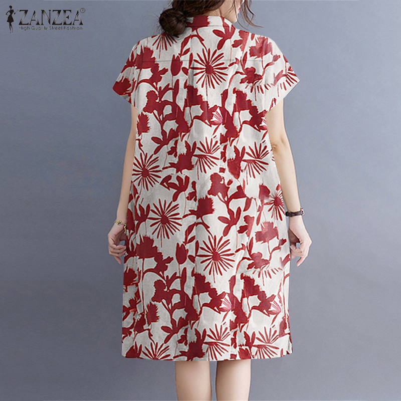 Đầm nữ Zanzea dáng rộng tay ngắn cổ bẻ in họa tiết thời trang