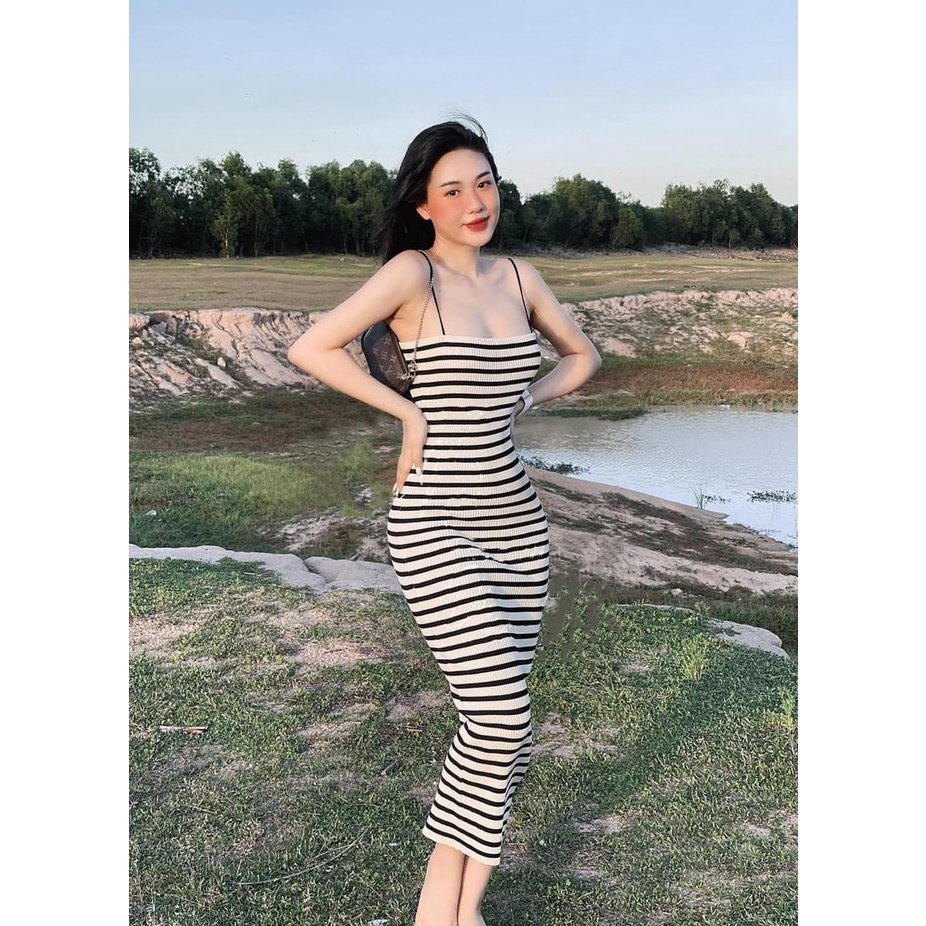 [8.8 Sales Freeship] Đầm nữ thun gân dáng dài, đầm ôm body 2 dây bún kẻ sọc ngang dài qua gối sexy, tôn dáng