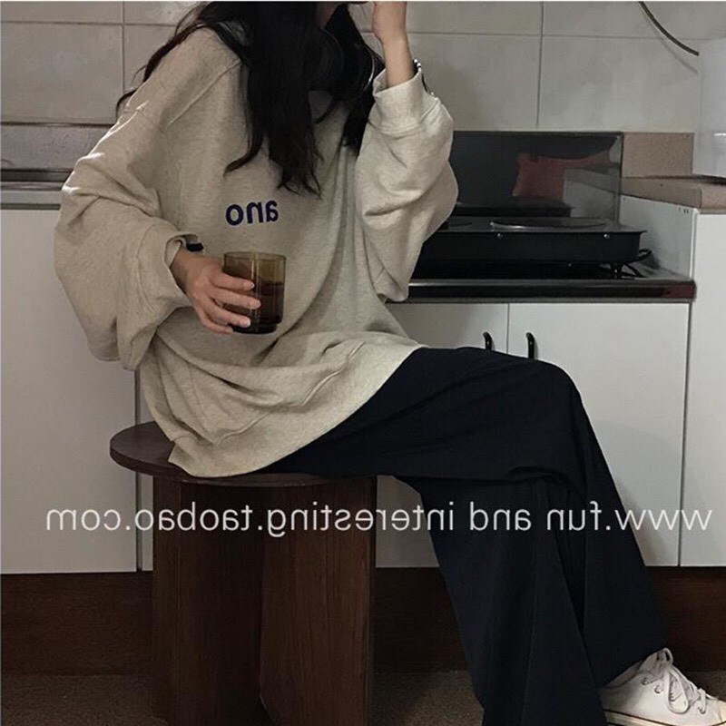 Áo nỉ nữ không mũ form rộng basic đơn giản in chữ ANO tay viền 3 sọc