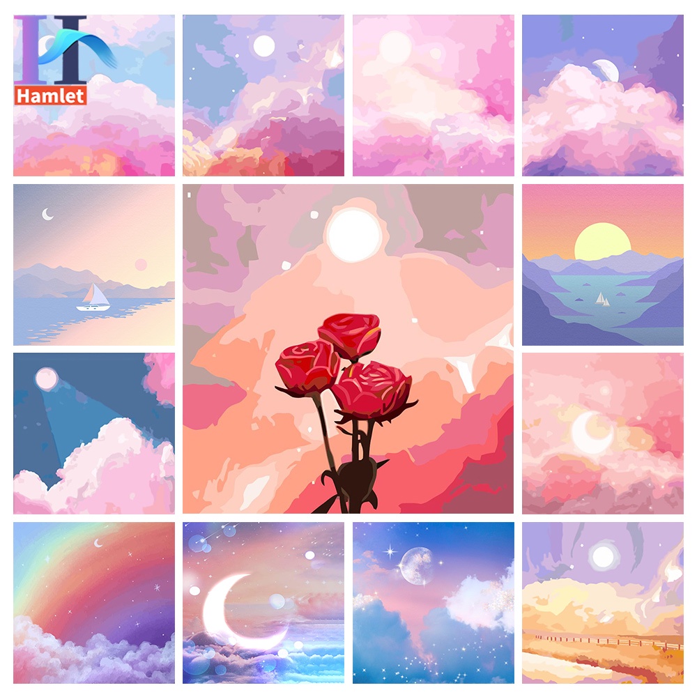 Bộ tranh sơn dầu Hamlet tô màu theo số hình bầu trời đầy sao mặt trời mặt trăng cho trẻ em cỡ 20 * 20