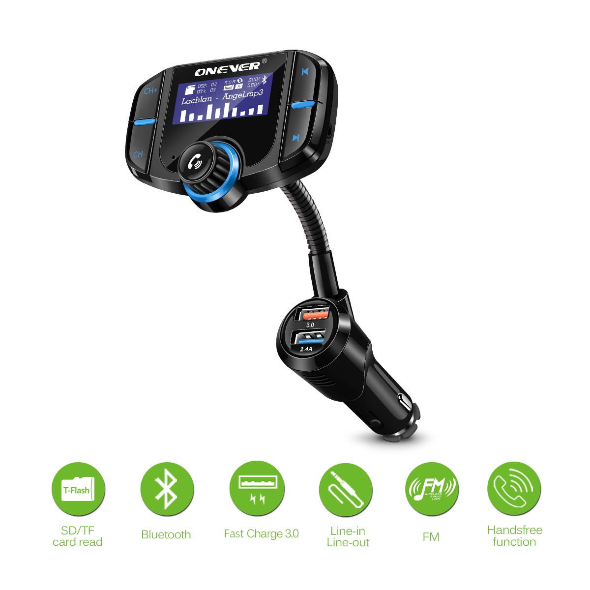 Máy nghe nhạc MP3 bluetooth dạng xoay 2 cổng USB sạc nhanh hỗ trợ thẻ SIRI / TF / AUX vào/ra và đô vôn kế DC 12/24V