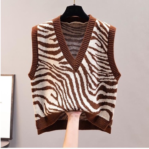Áo gile len nữ họa tiết vằn cổ tim thu đông phong cách Hàn Quốc, ghi lê len 23 Closet-ALGL02