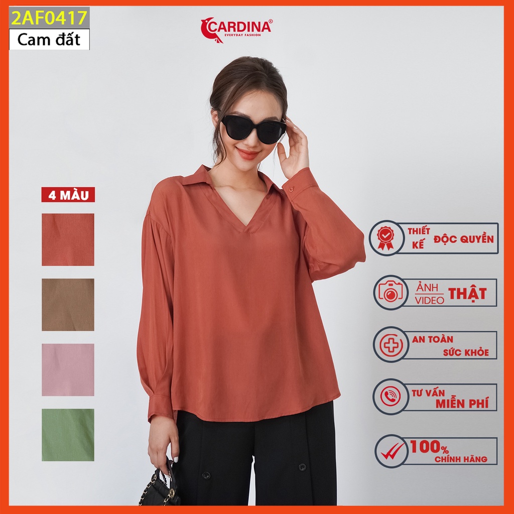 Áo sơ mi nữ CARDINA chất lụa boy hàn cao cấp cổ chữ V dài tay form rộng trẻ trung hiện đại 2AF04