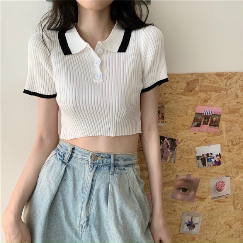 Áo len mongtoghi croptop viền cúc ngực