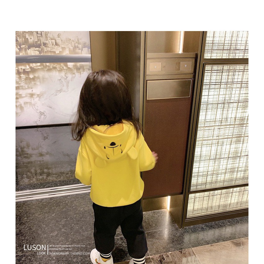 Áo hoodie cho bé gái 3-8 tuổi lót lông hình Gấu, Áo nỉ có mũ trẻ em kiểu dáng thời trang