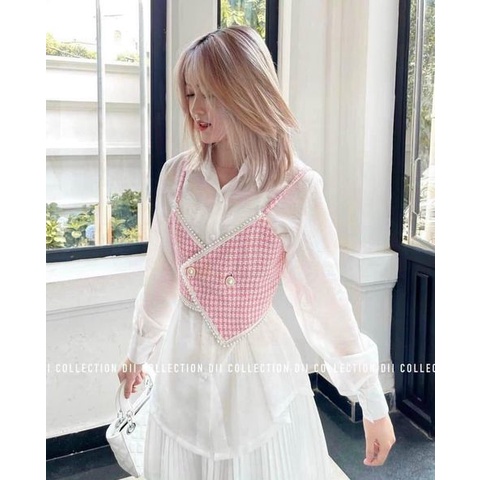 SET 3 món Áo sơ mi trắng kèm Gile caro hồng và Chân váy xếp ly NÀNG CLOSET