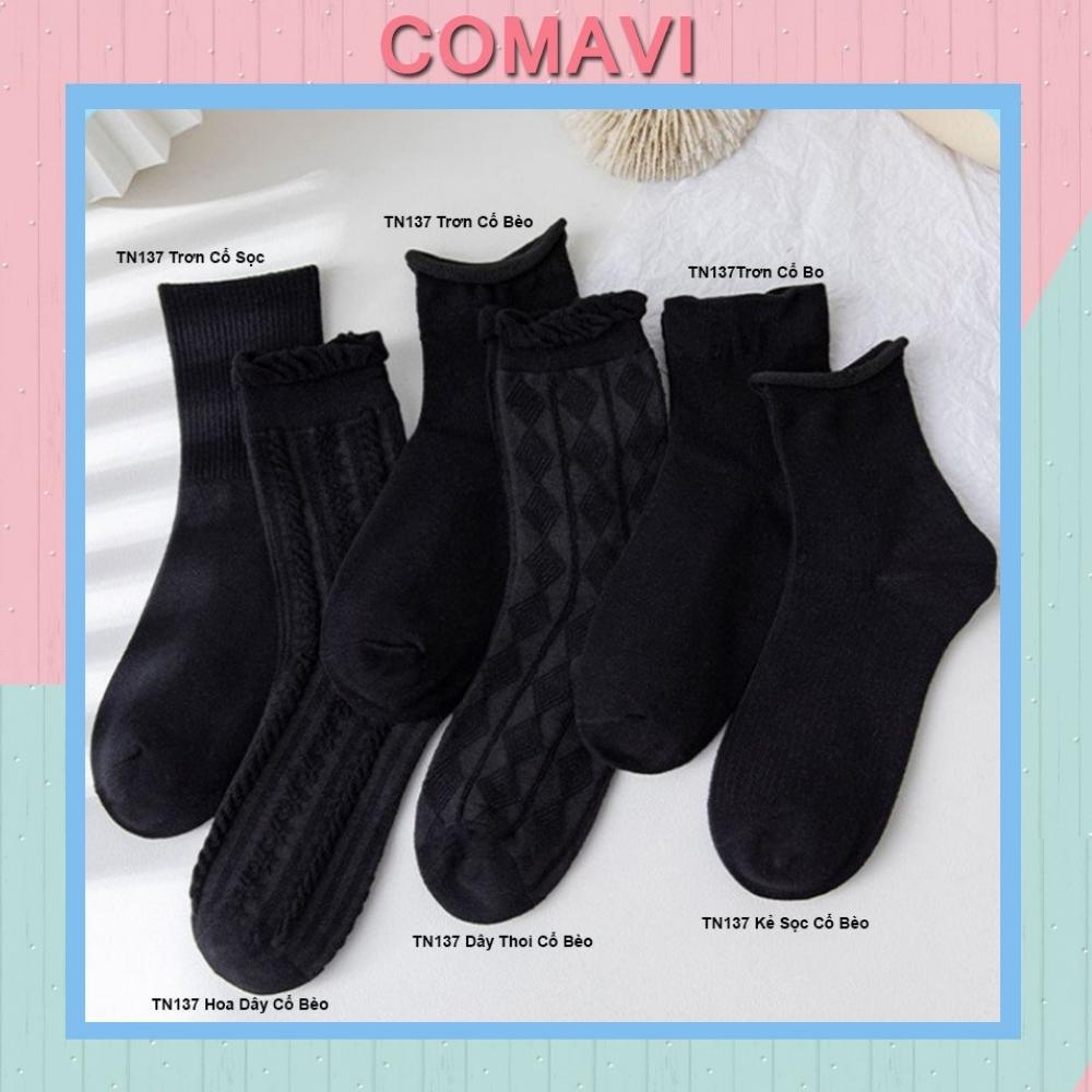 Vớ cổ cao Comavi tất nữ đen trơn dễ thương cotton phong cách Hàn Quốc vintage cực đẹp TN137