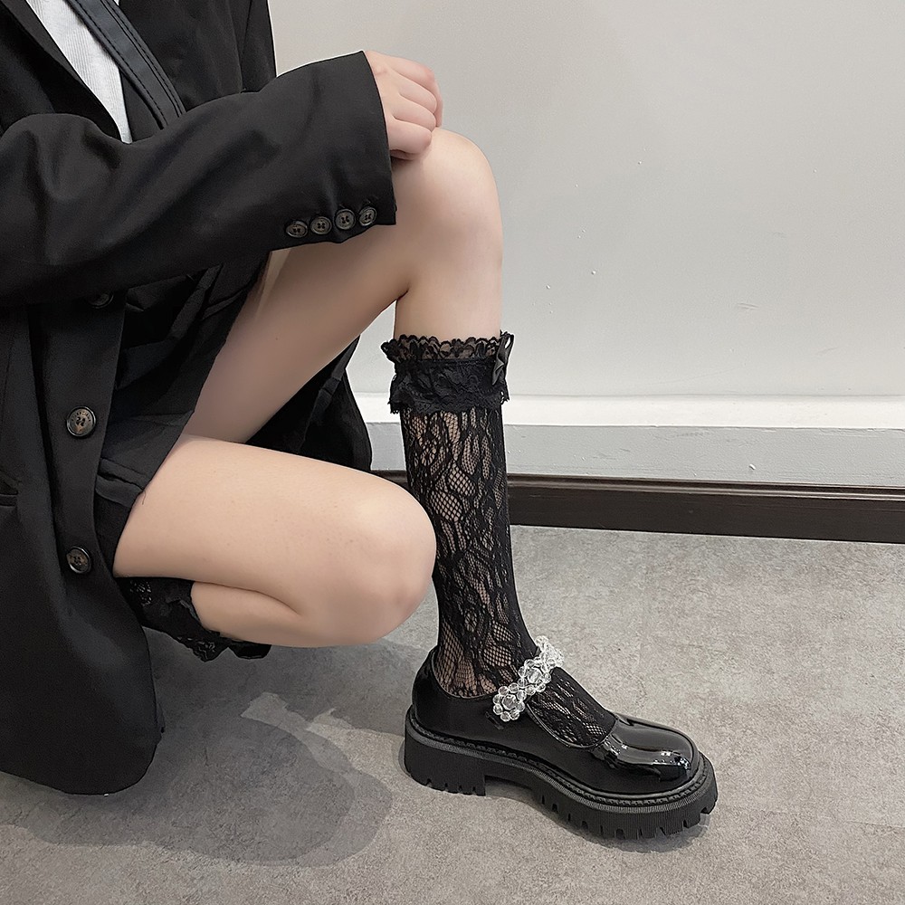 Giày da nữ phong cách Nhật Bản màu đen có quai hoa pha lê giày Mary Jane giày búp bê