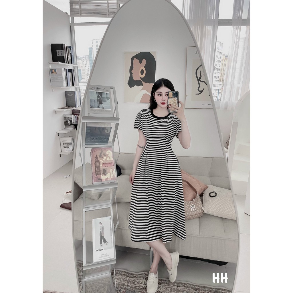 VN132 - VÁY KẺ XÒE CHIẾT EO CỔ TRÒN CHO NỮ | BigBuy360 - bigbuy360.vn