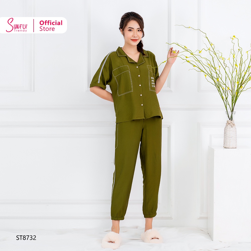 Bộ đồ mặc nhà nữ pijamas linen SUNFLY áo cộc quần dài ST8732