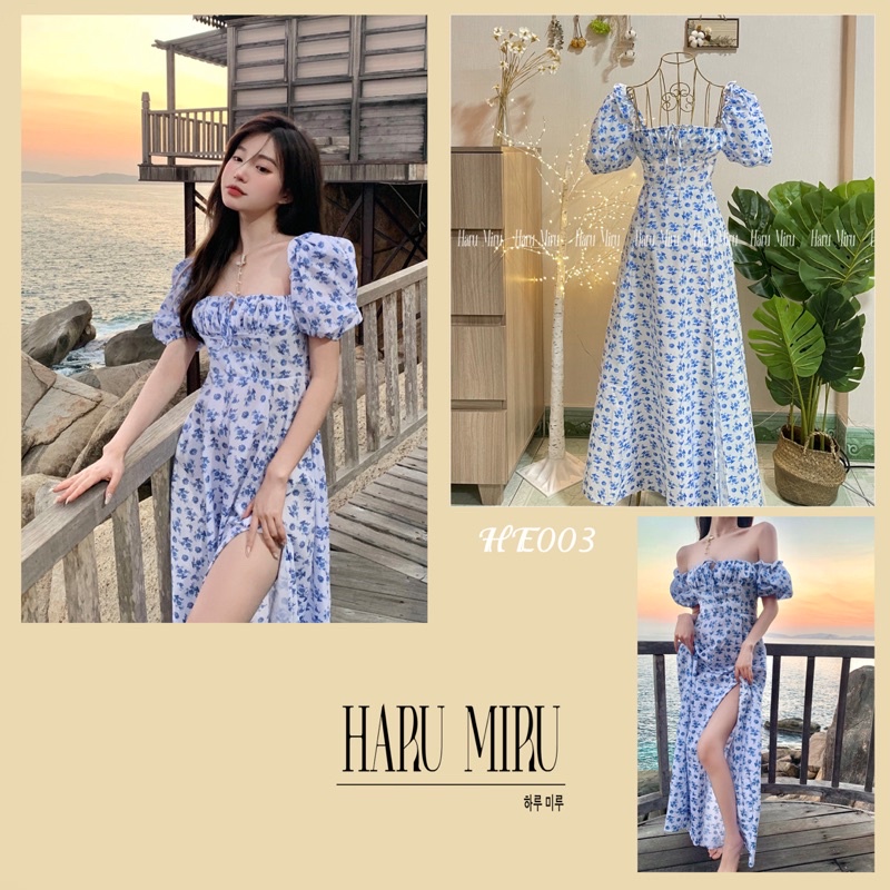 [Ảnh thật]- Đầm maxi hoa nhí xanh