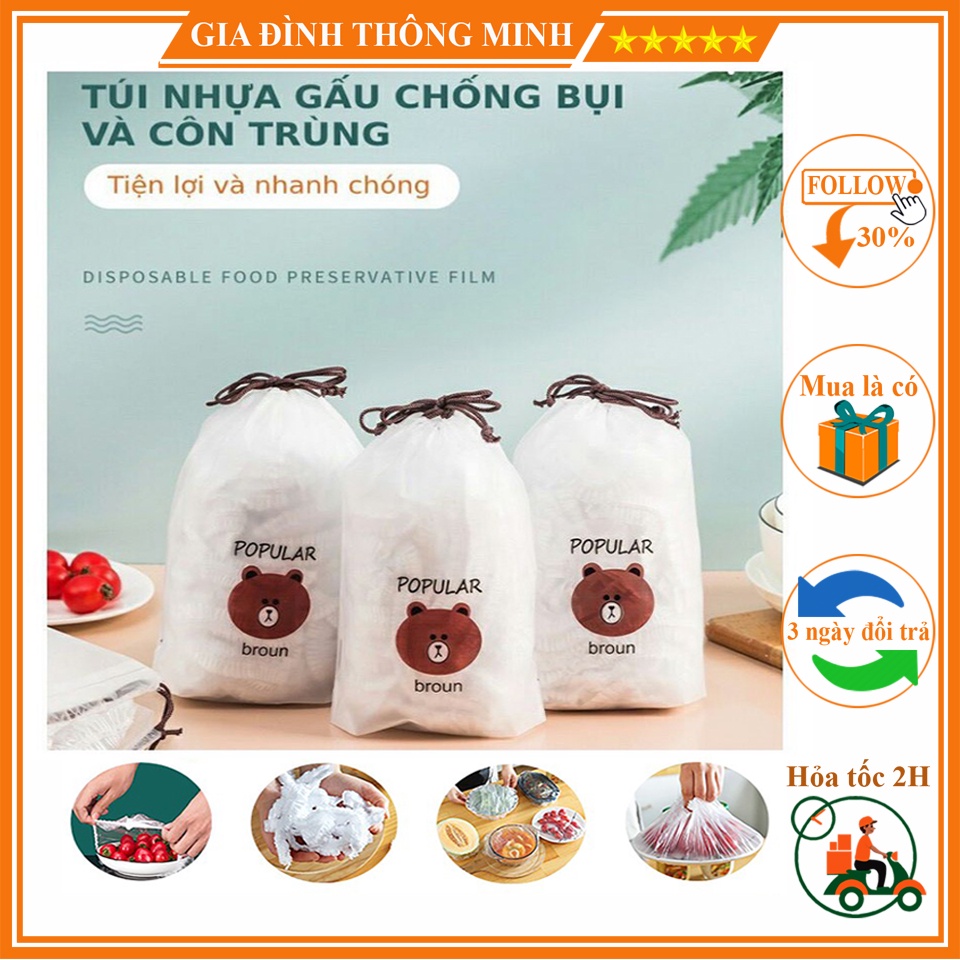 (𝗚𝗶𝗮́ 𝗦𝗶̉) [Combo] Set 100 màng bọc thực phẩm túi hình gấu co giãn tái sử dụng, Đa Năng Tiện Lợi