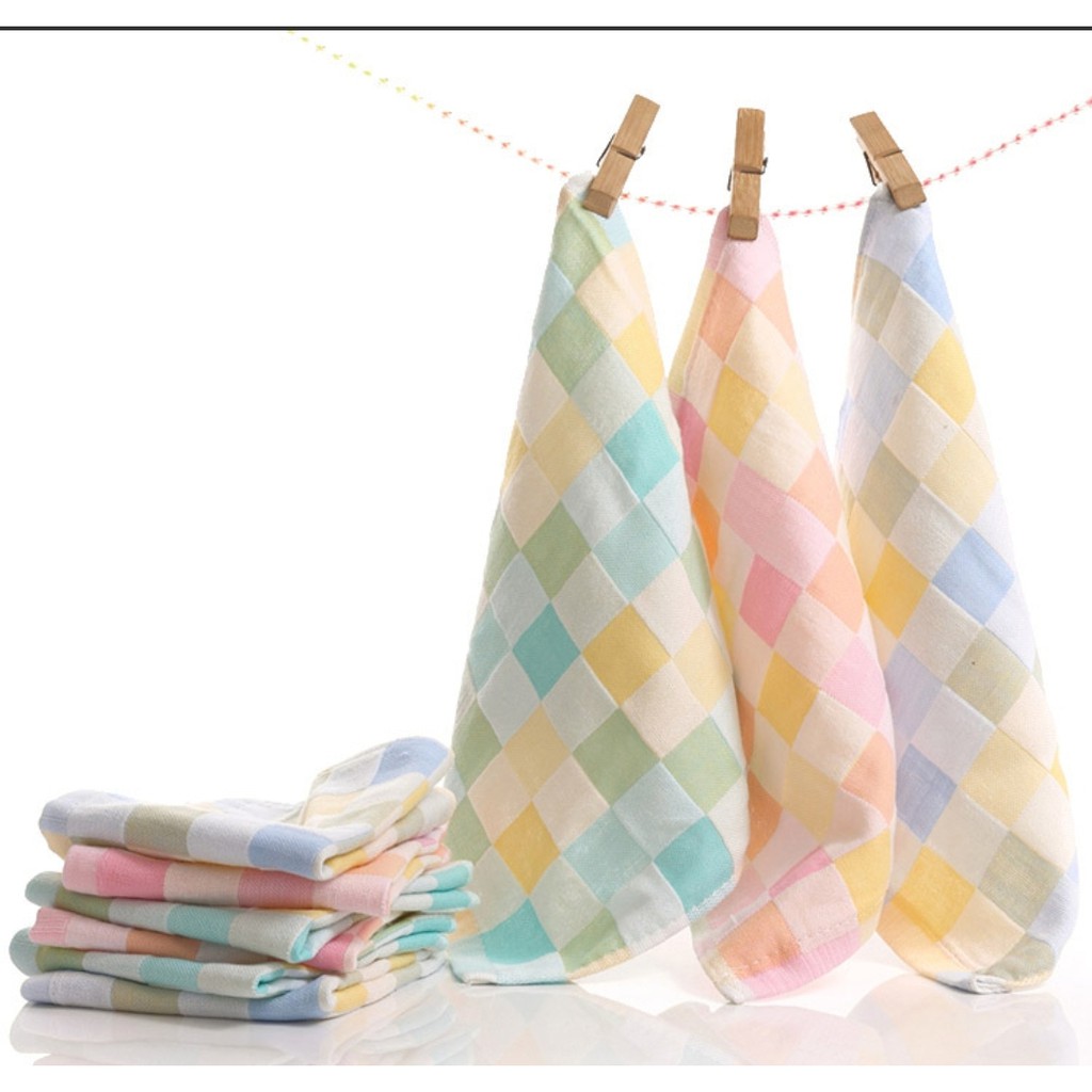 Khăn Cotton Vuông Mềm Mại Họa Tiết Sọc Caro Xinh Xắn Cho Bé 25x25cm