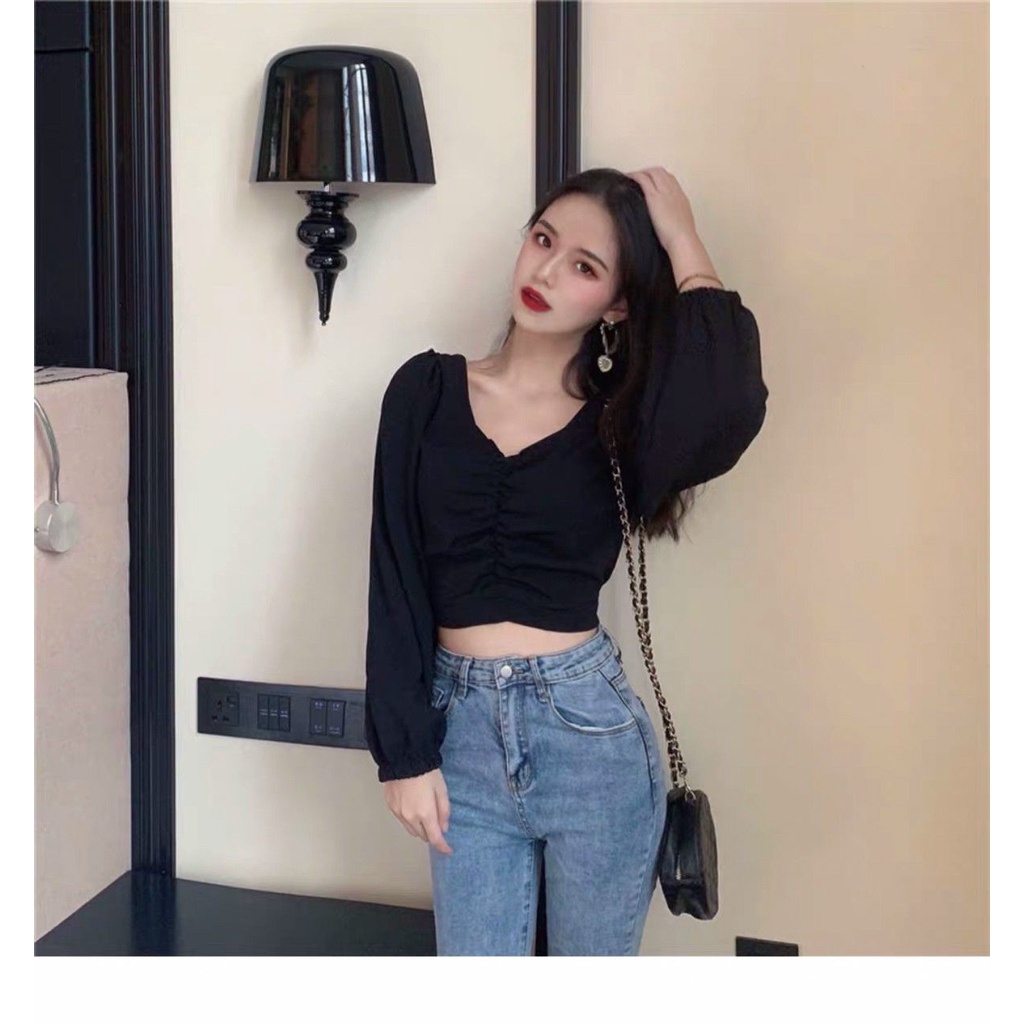 Áo croptop tay dài cổ tim quyến rũ cá tính ÁO CROPTOP NHÚNG GIỮA