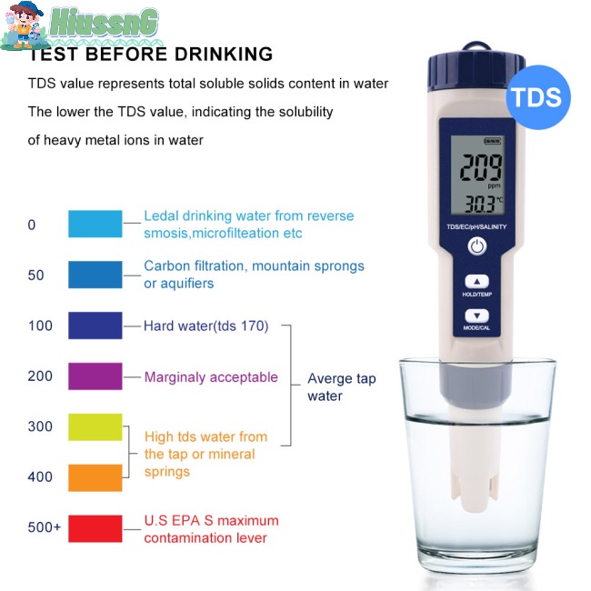Thiết Bị Kiểm Tra Chất Lượng Nước 5 Trong 1 Tds / ec / ph / salinity / Đo Nhiệt Độ Bể bơi
