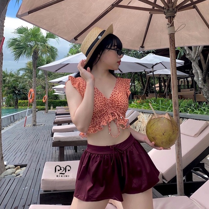 P2P BIKINI - Đồ bơi hai mảnh áo tay bèo, quần giả váy xòe họa tiết beo - BTK320HT_LC