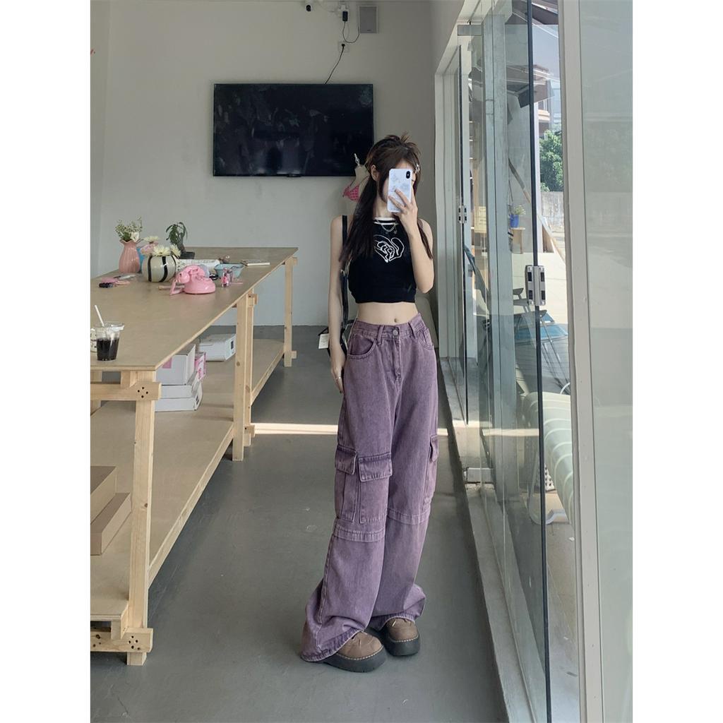 Quần jeans tím đậm nhiều túi hộp ống rộng lưng cao