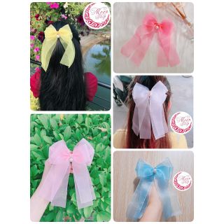 Kẹp tóc voan nơ đính ngọc trai giả handmade