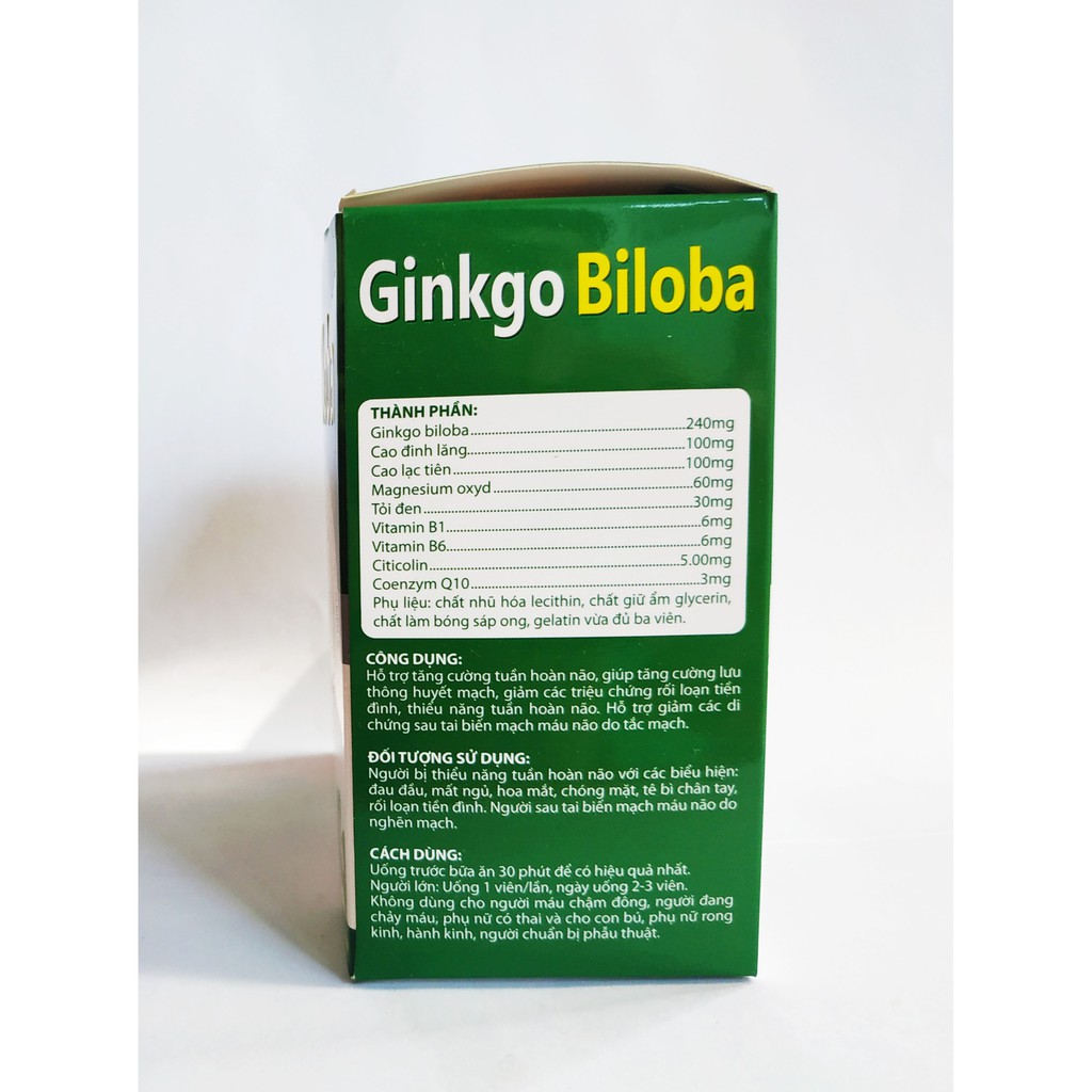 HOẠT HUYẾT DƯỠNG NÃO GINKGO BILOBA - GIÚP BỔ SUNG DƯỠNG CHẤT CHO NÃO - TĂNG CƯỜNG TUẦN HOÀN MÁU NÃO - HỘP 100 VIÊN