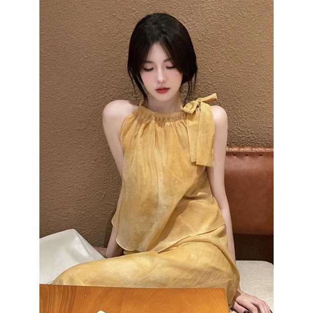 Đầm maxi dài dáng yếm cột dây vải voan nữ tính, sang trọng, đầm đi biển