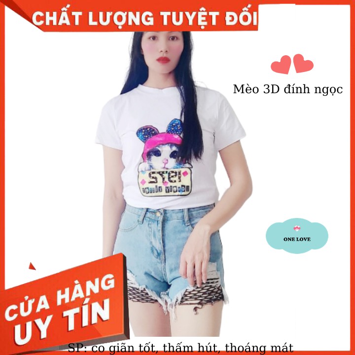 Áo Phông, Áo Kiểu Nữ Chất Cotton Quảng Châu 100% 3D Đính Ngọc Mèo Thời Trang