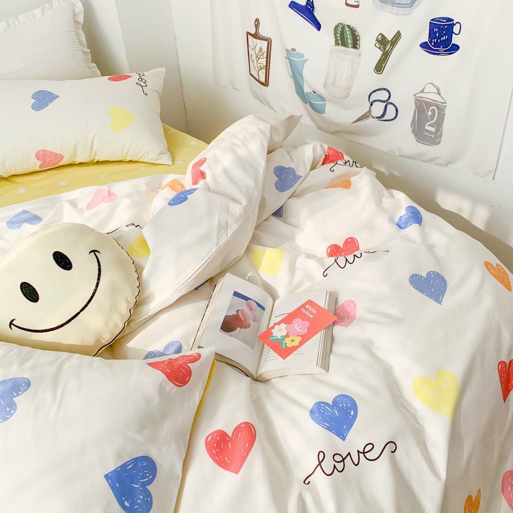 Bộ chăn ga gối cotton poly Lidaco decor phòng ngủ vintage - Tim nhiều màu (SP001449)