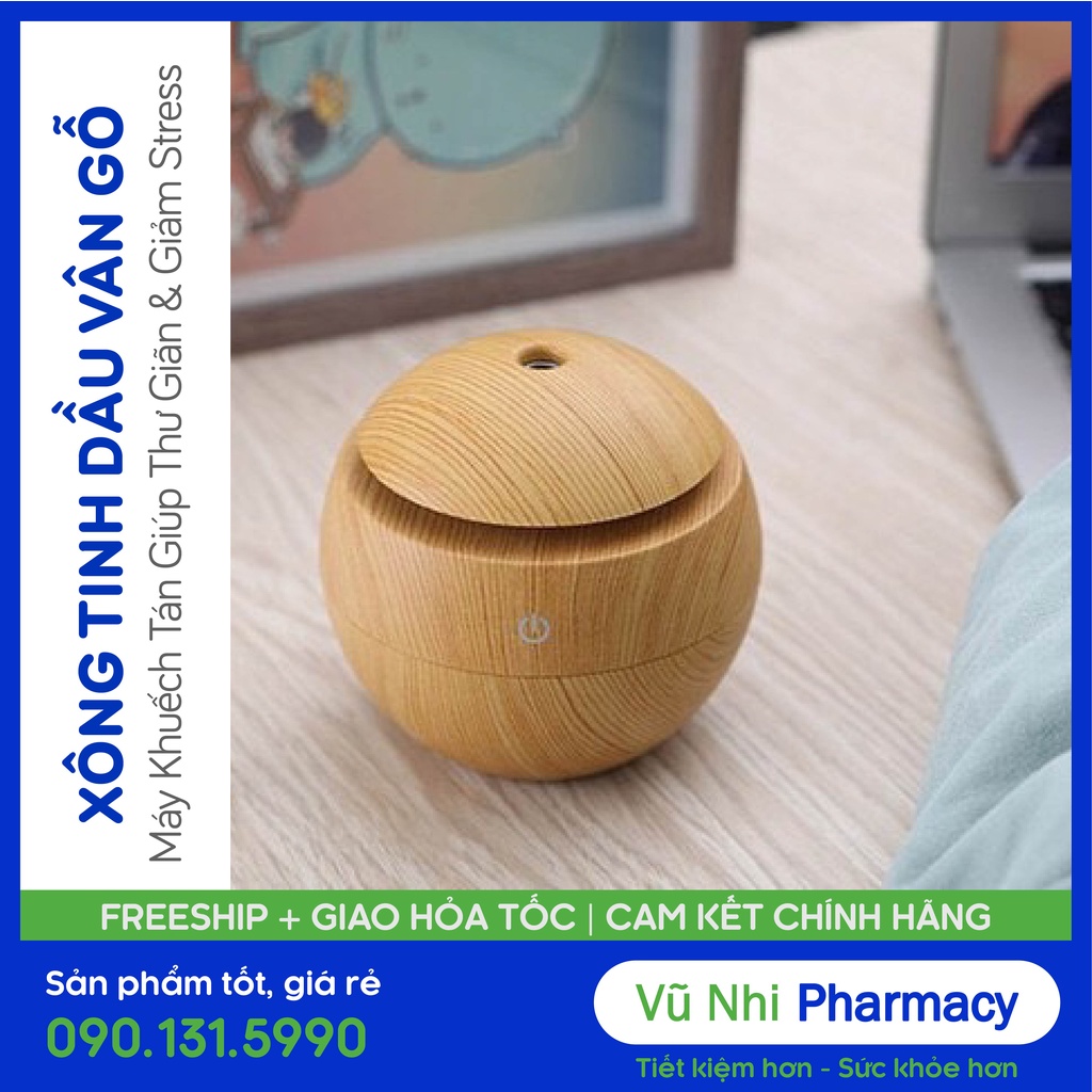 Máy phun tinh dầu mini phun sương tạo ẩm giá rẻ,Bình khuếch tán tinh dầu vân gỗ tròn 130ml,Tặng tinh dầu xanh 10ml