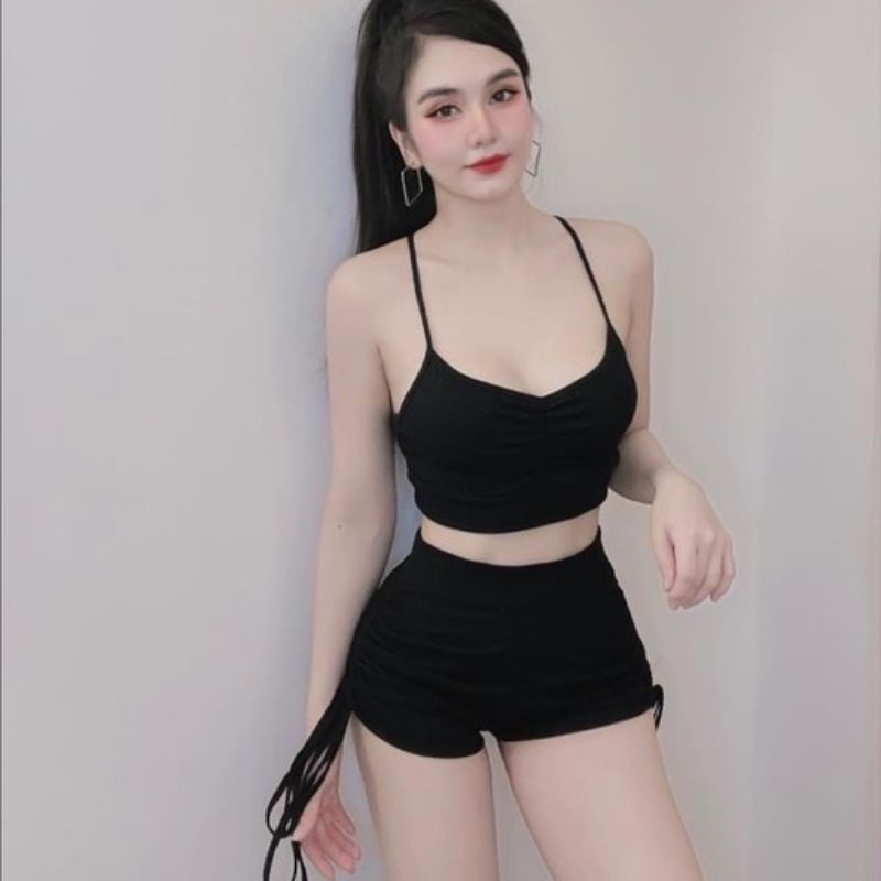 Sét 3 món áo cổ tim nhíu ngực và quần dây rút 2 bên