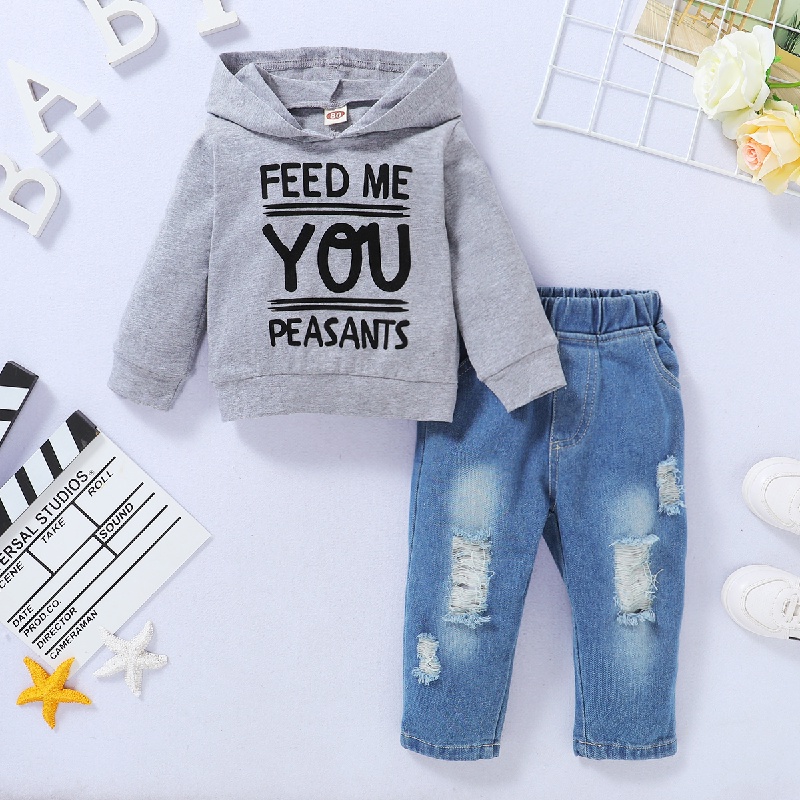 Set đồ 2 món Mikrdoo gồm áo hoodie tay dài in chữ + quần denim thời trang mùa thu cho bé