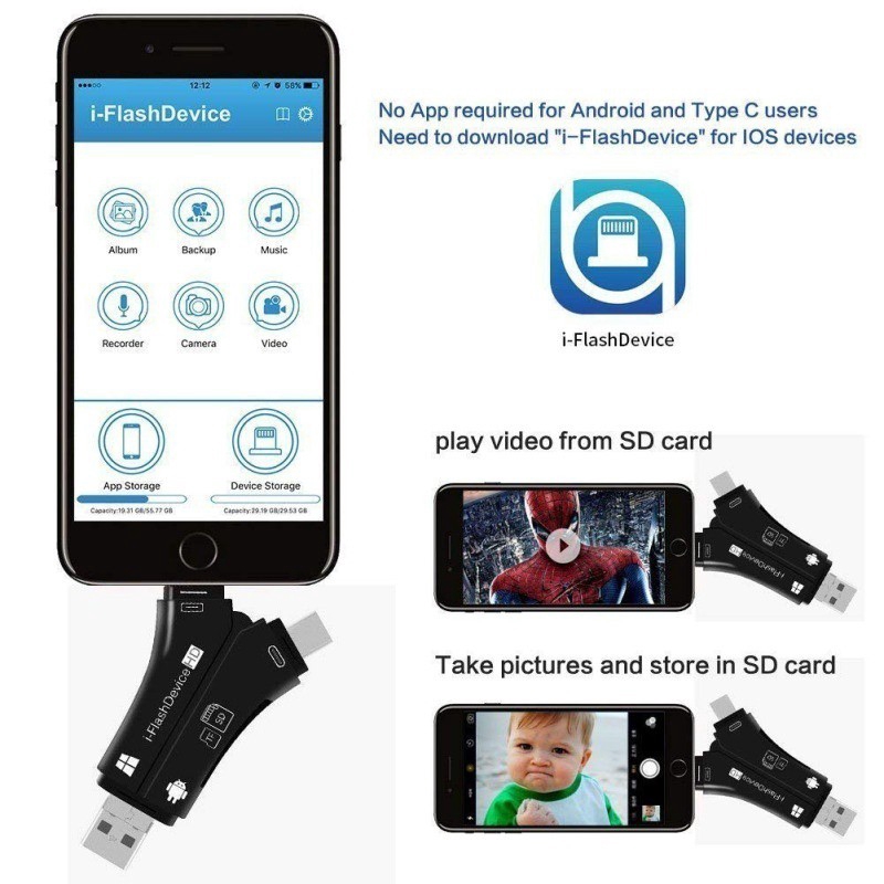 【Ready Stock】 COD4 Trong 1 iPhone/Micro Usb/USB Loại C/USB SD Đa Chức Năng OTG Card đầu Đọc Pembaca Kad