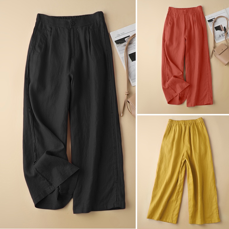 Quần ZANZEA ống rộng màu trơn có túi thời trang cá tính cho nữ