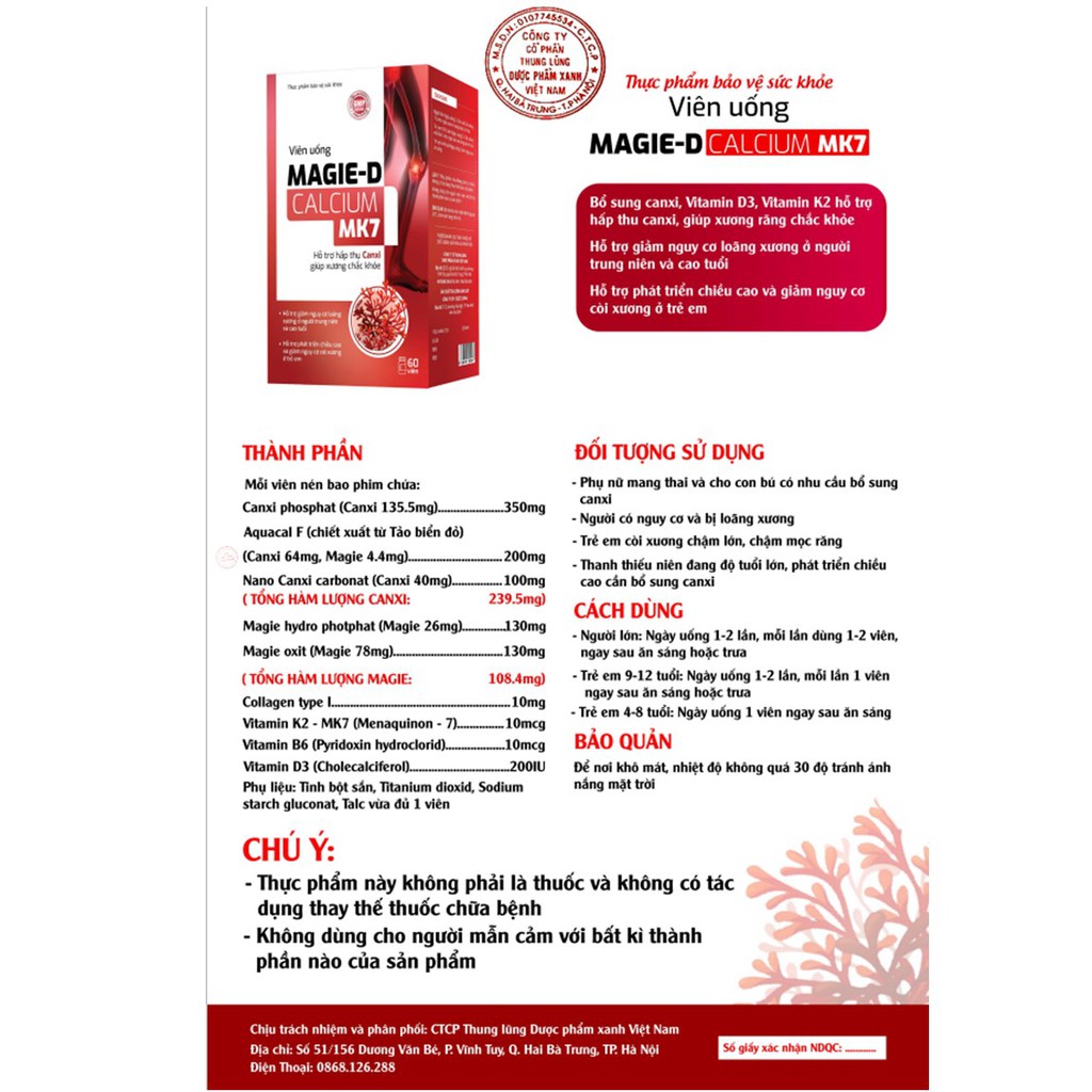 MAGIE-D CALCIUM MK7- BỔ SUNG CANXI, VITAMIN D3, MK7- NGỪA LOÃNG XƯƠNG, CÒI XUONG- VNGPV