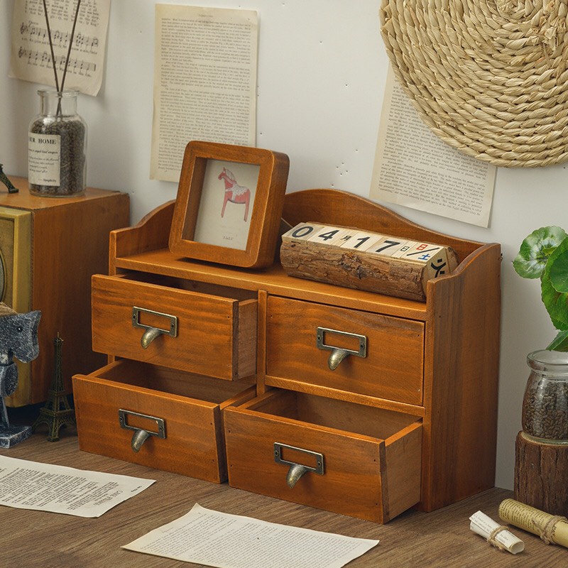 Tủ Gỗ Mini Để Bàn 4 Ngăn Đựng Đồ Decor Phong Cách Vintage