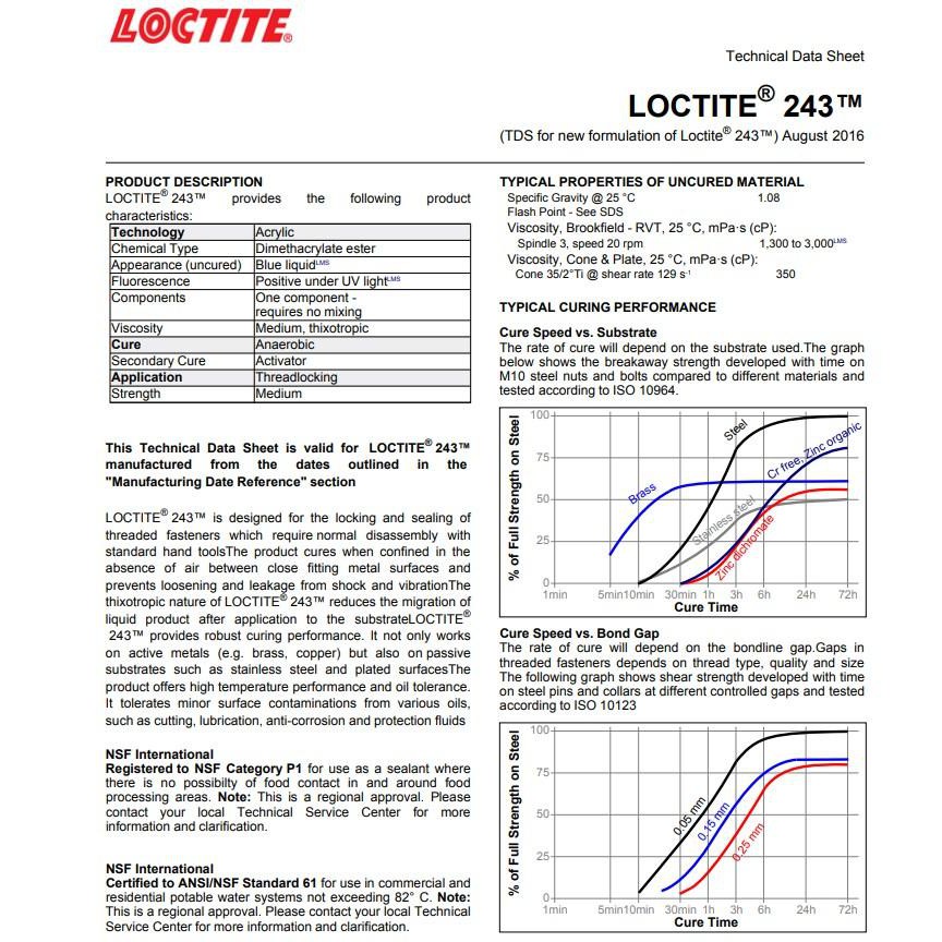 KEO DÁN KHÓA REN MÀU XANH LOCTITE 243 MEDIUM STRENGTH OIL TOLERANT THREADLOCKER 50ML