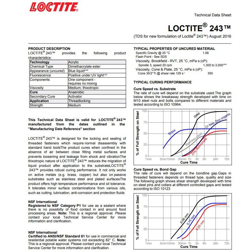 Keo dán khóa ren màu xanh Loctite 243 Medium Strength Oil Tolerant Threadlocker 50ml