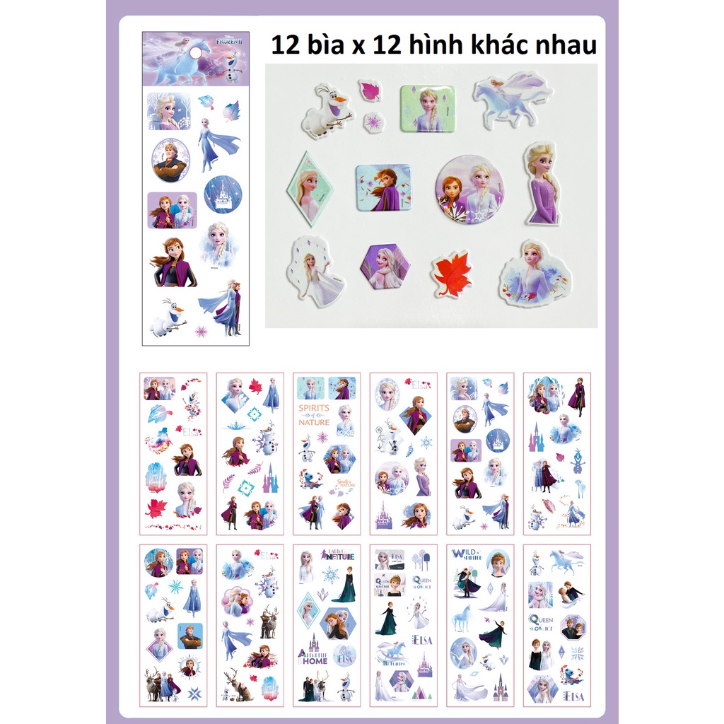 Set 12 Sticker hoạt hình công chúa Elsa + gấu Pooh + Nàng tiên cá 144 hình bóc dán KB221272