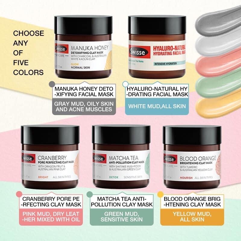 Mặt nạ đất sét Swisse Clay Mask detox sáng da cấp ẩm Manuka Honey/ Matcha / Blood Orange/ Hyaluronic 70g