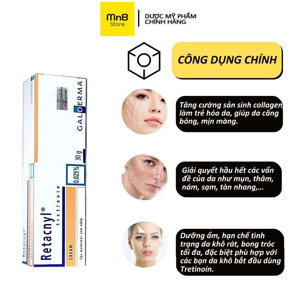 Kem Tretinoin Retacnyl Cream giảm mụn, tái cấu trúc da pháp 0,025%, 0.05%