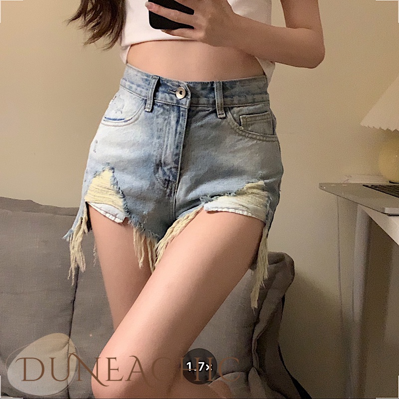 DUNEA Quần Jeans Lưng Cao Thiết Kế Xẻ Rách Cá Tính