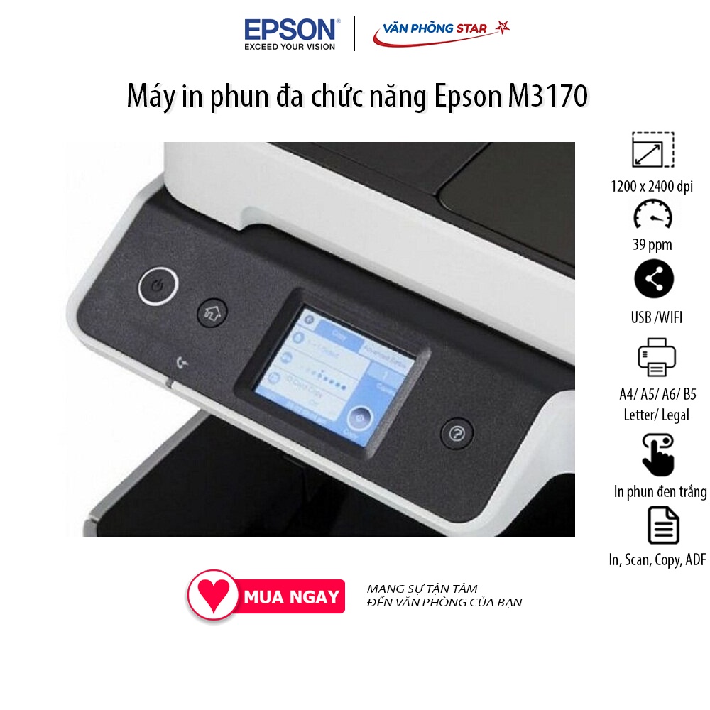 Máy in Epson M3170 đa chức năng In, Quét, Sao chép, Fax với ADF Độ phân giải 1200 x 2400 dpi Tốc độ in 39 ppm