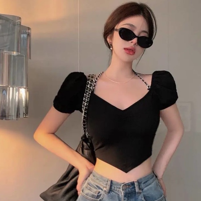 [MURIOKI] Áo Thun Nữ Ngắn Tay Hở Lưng Màu Đen