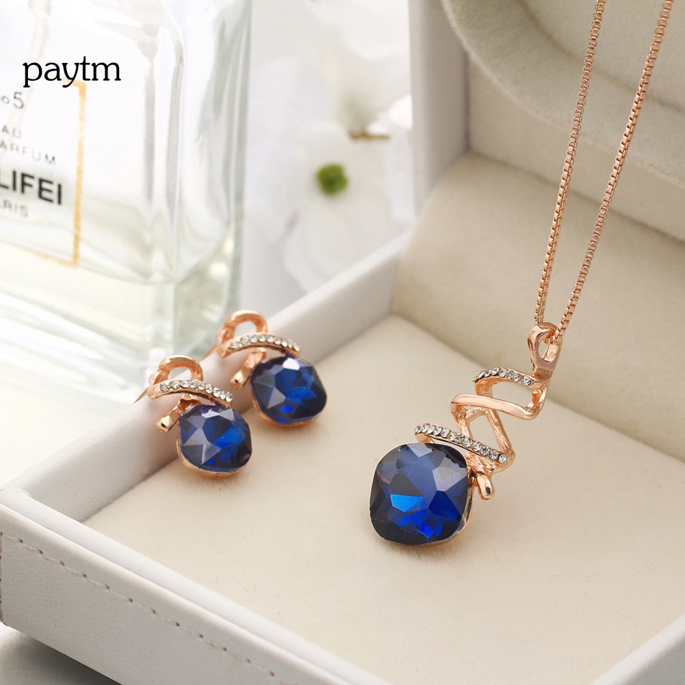 Bộ Vòng cổ + Bông Tai Đính Đá Hình Vuông Sang Trọng Cho Nữ