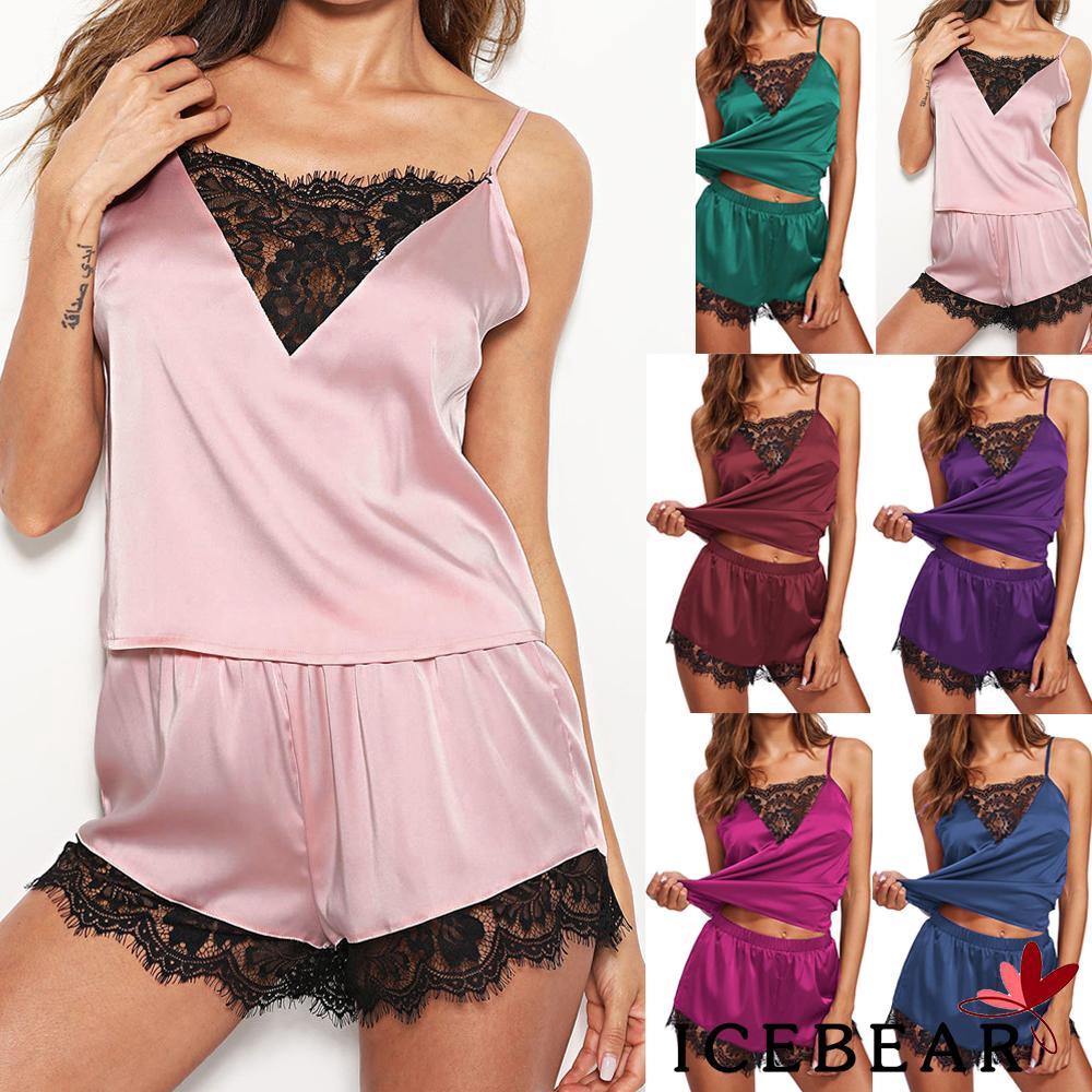 Bộ đồ ngủ lụa satin phối ren mát mẻ gợi cảm cho nữ