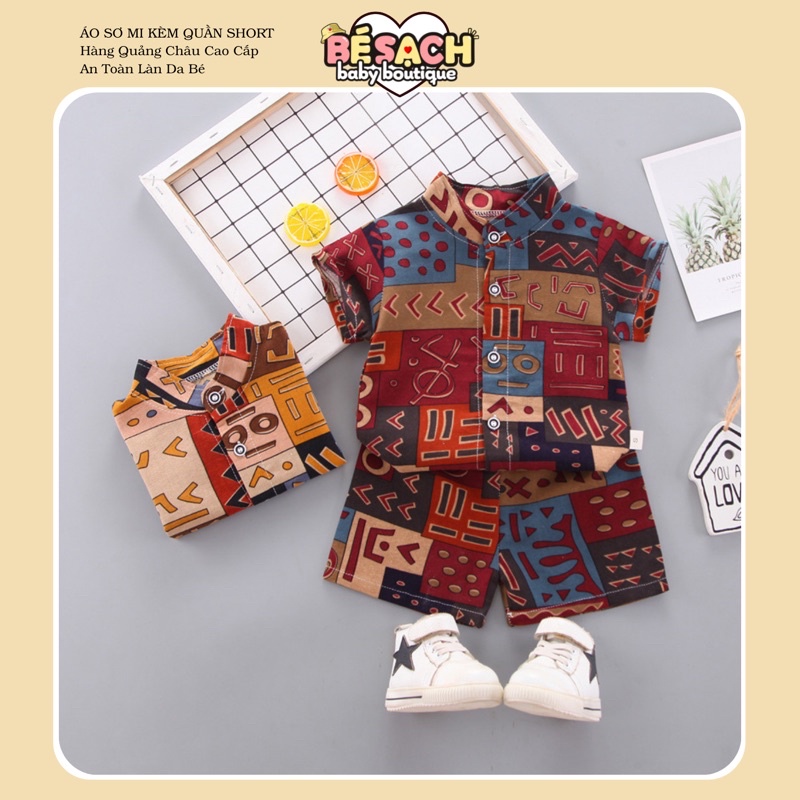 Bộ Áo Sơ Mi Ngắn Tay Kèm Quần Short Cho Bé Trai Vải Cotton Lanh Có Túi Họa Tiết Thổ Cẩm Thời Trang Cao Cấp Đáng Yêu