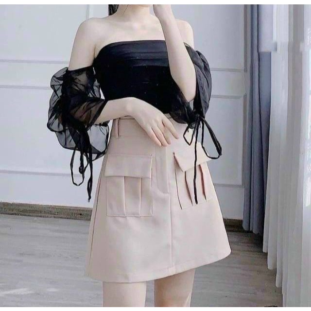Áo kiểu nữ, áo kiểu phối voan nữ trễ vai 2 màu đen trắng freesize 45-48kg alohashop91